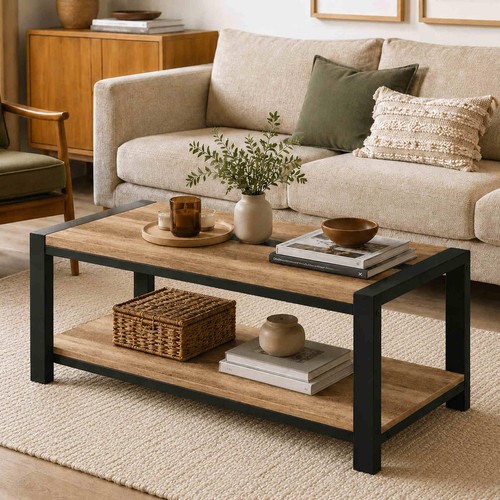 Coffee table with tier open - coffee,