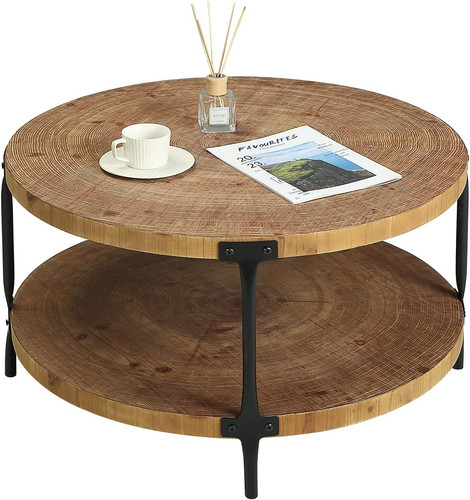 Round boho wood coffee table - table,