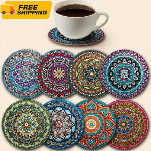 8pc wooden mandala coasters - wooden,